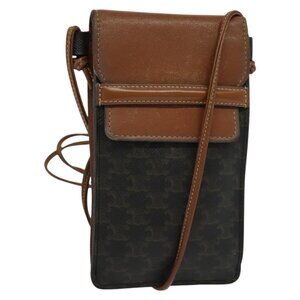 Authentic CELINE Triomphe Cell Phone Case Shoulder Bag PVC Black